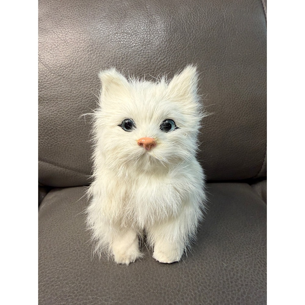 Realistic White Kitten Plush Figurine Lifelike Blue Eyes Soft rabbit Fur 6"